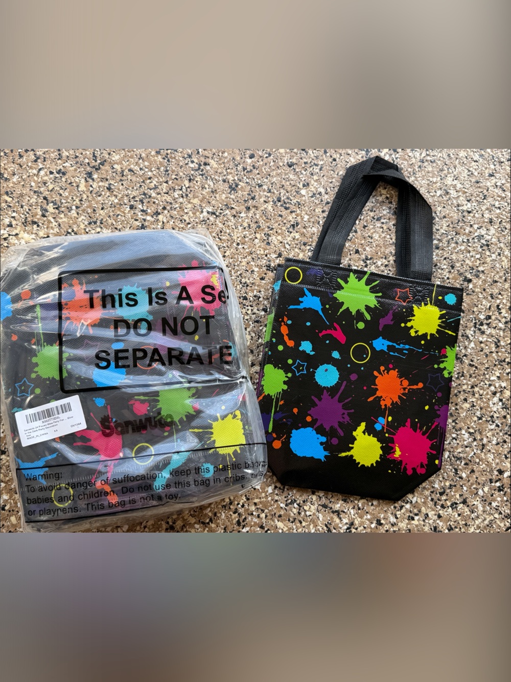 Kids Splash Print Tote Bag - Black with Multicolor Splatters-24pcs